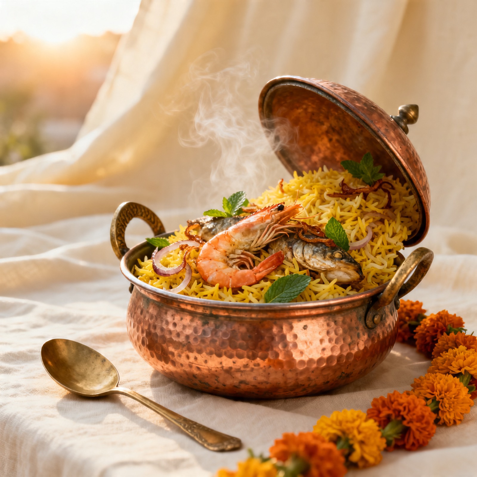 Row of hammered copper chafing dishes with brass knobs at a Chowk buffet