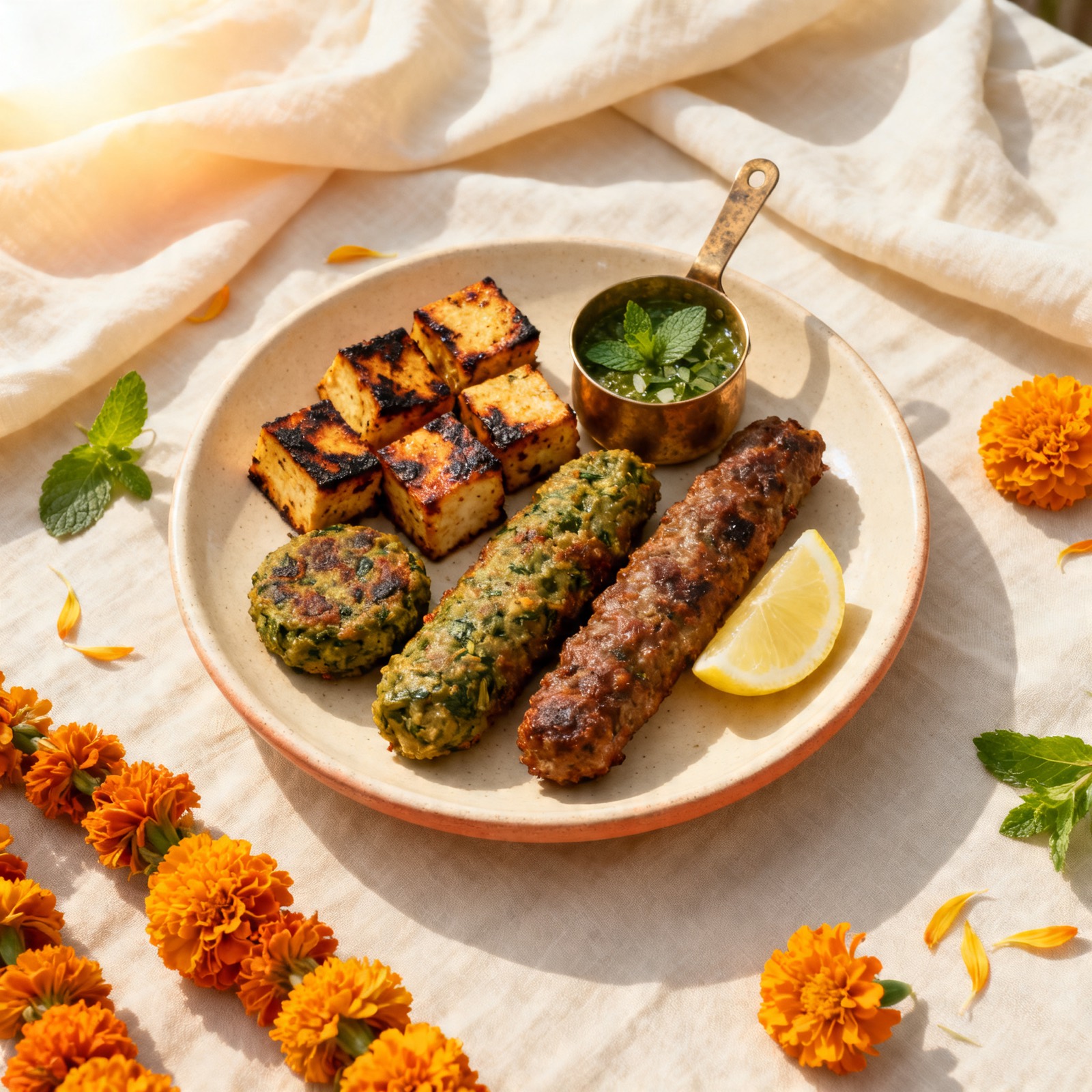 Mixed kebab platter on a cast-iron sizzler — paneer tikka, veg cutlets, hara bhara kebab