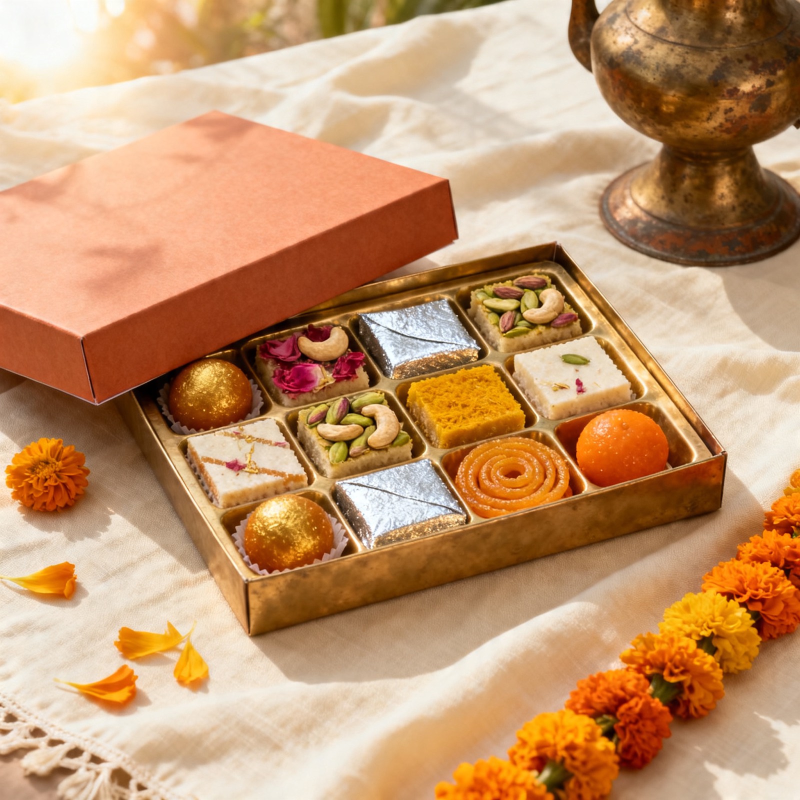 Mithas branded red + orange sweets takeaway box with 12 assorted mithai