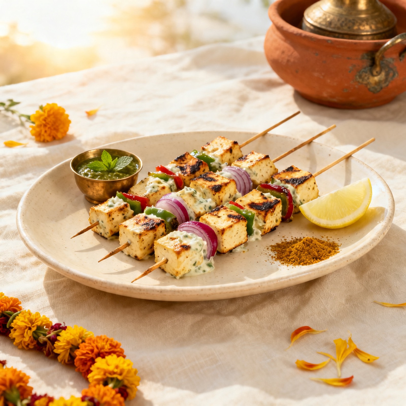 Sanur dining room interior with terracotta walls, green tables, woven pendant lamps