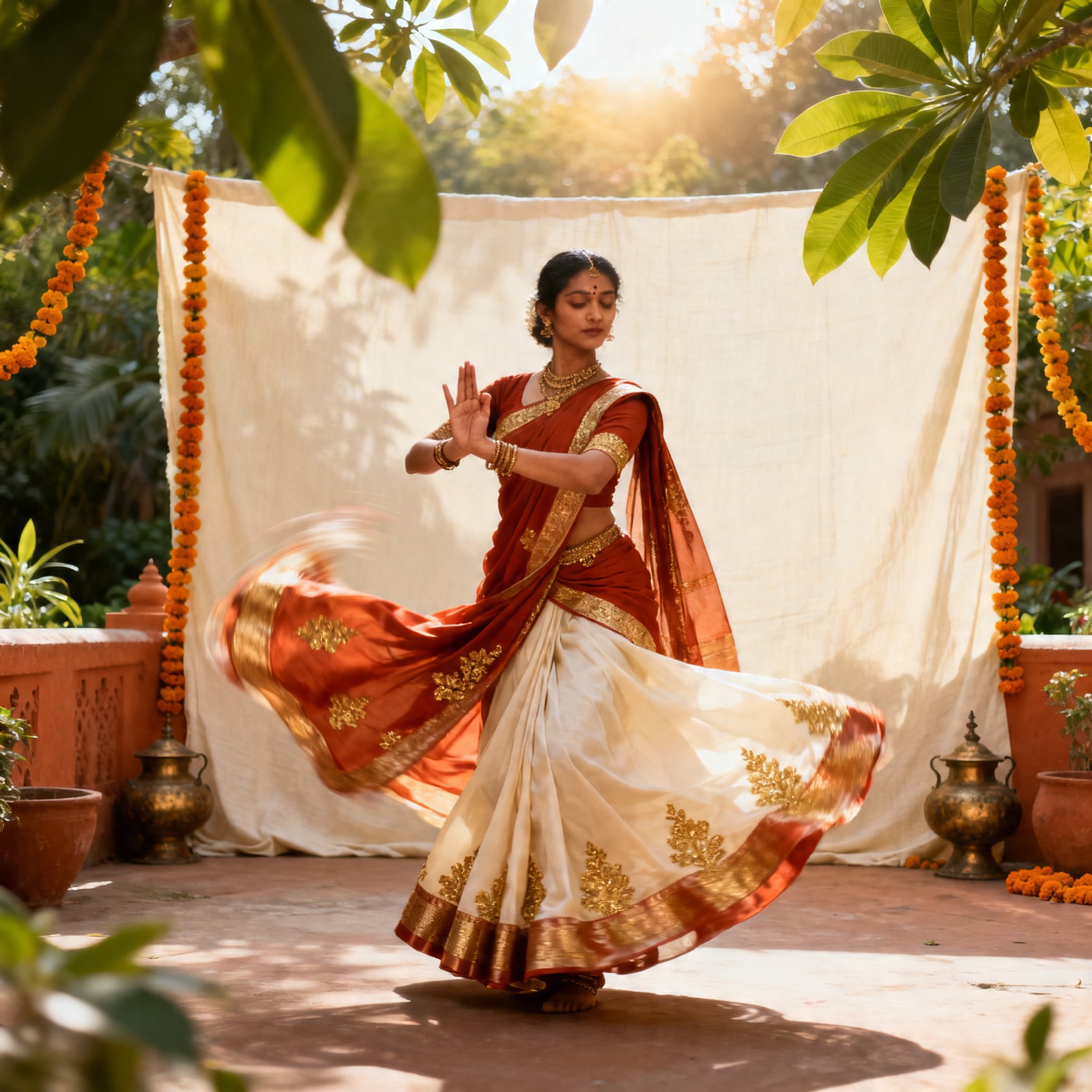 Ibu Pooja, founder of The Chowk, mid classical dance in flowing sari — black + white, motion blur