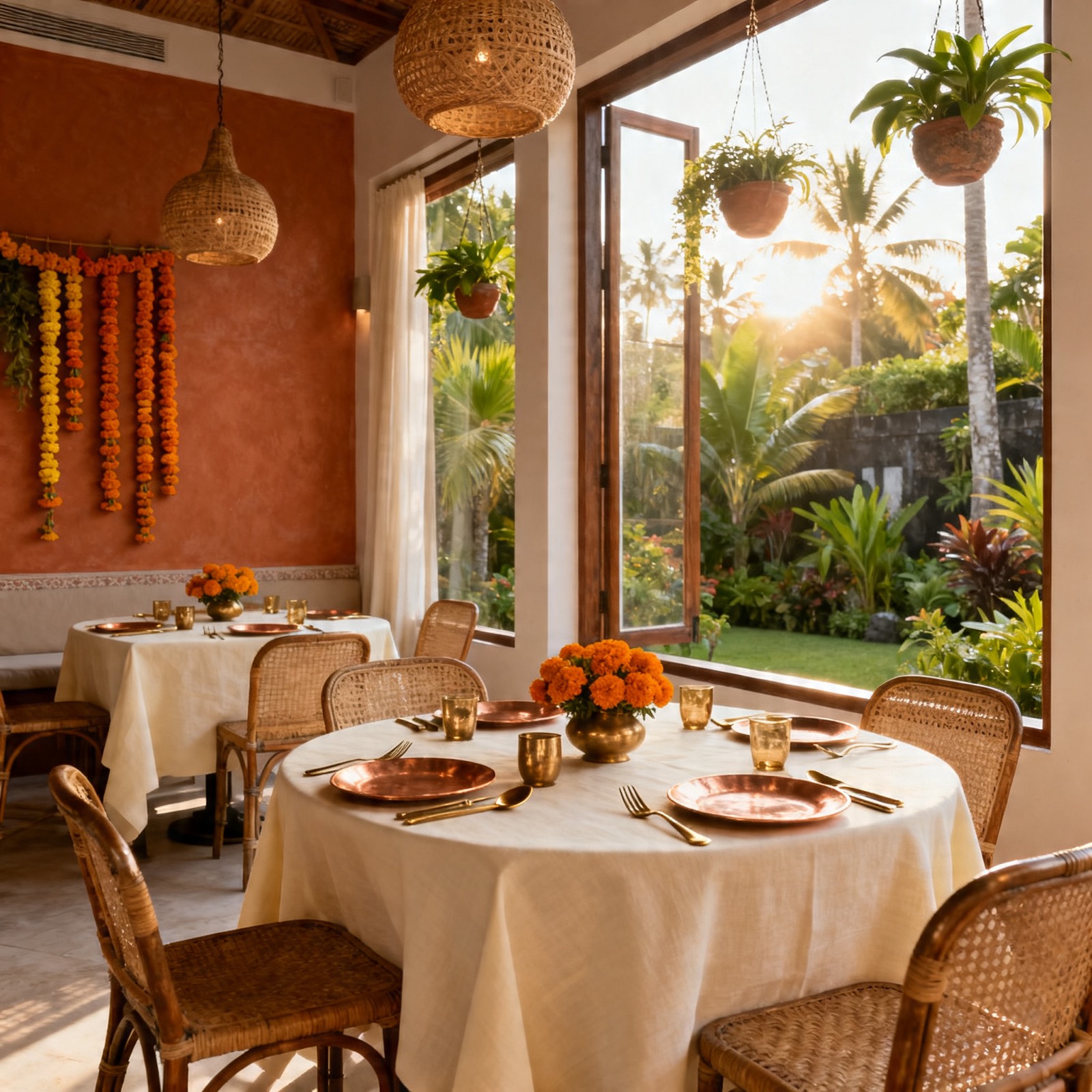 Taman Gita flagship dining room with chandeliers, stone floors, teak chairs + forest-view windows