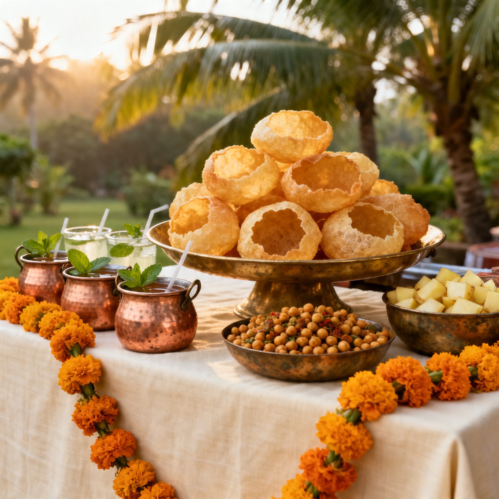 Outdoor pani puri live counter at Taman Gita, strung with marigold garlands under tall palms — Sunday brunch at The Chowk