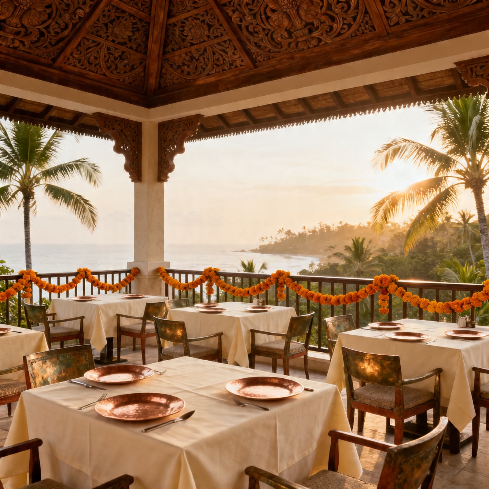 The Chowk at Taman Gita — covered outdoor terrace with tropical plants + cane chairs