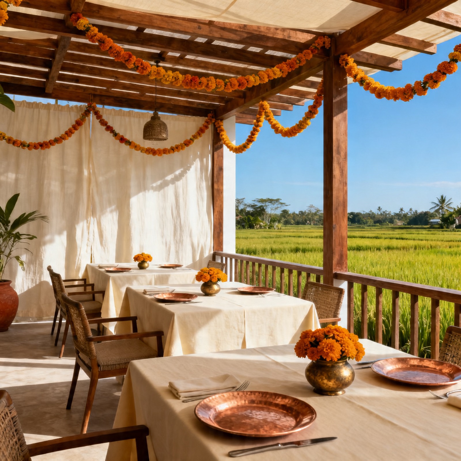 The Chowk Sanur — teak terrace with pergola over rice fields