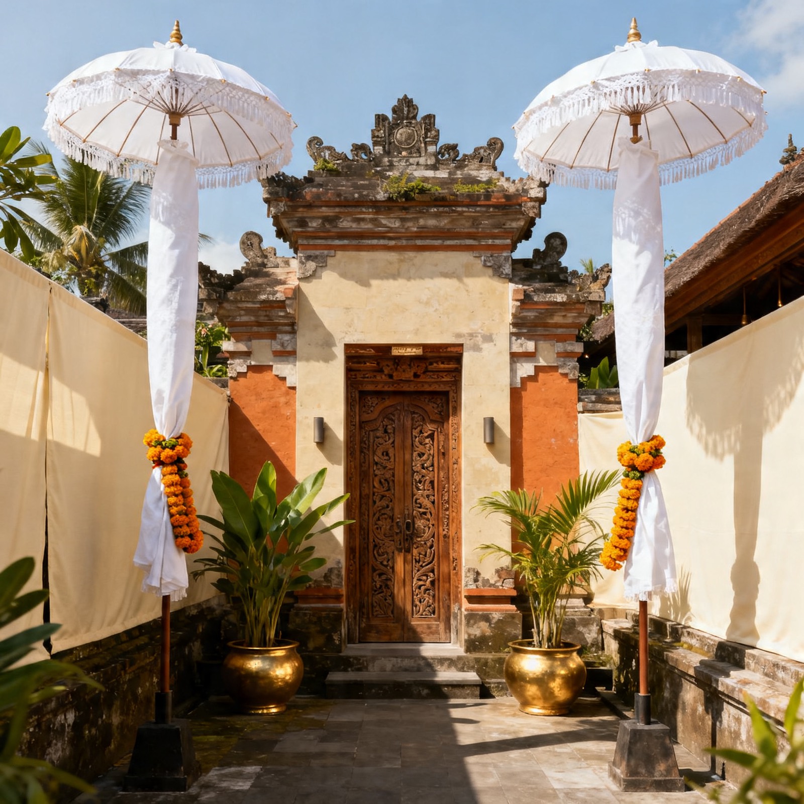 The Chowk Ubud — traditional Balinese white ceremonial umbrellas at the entrance